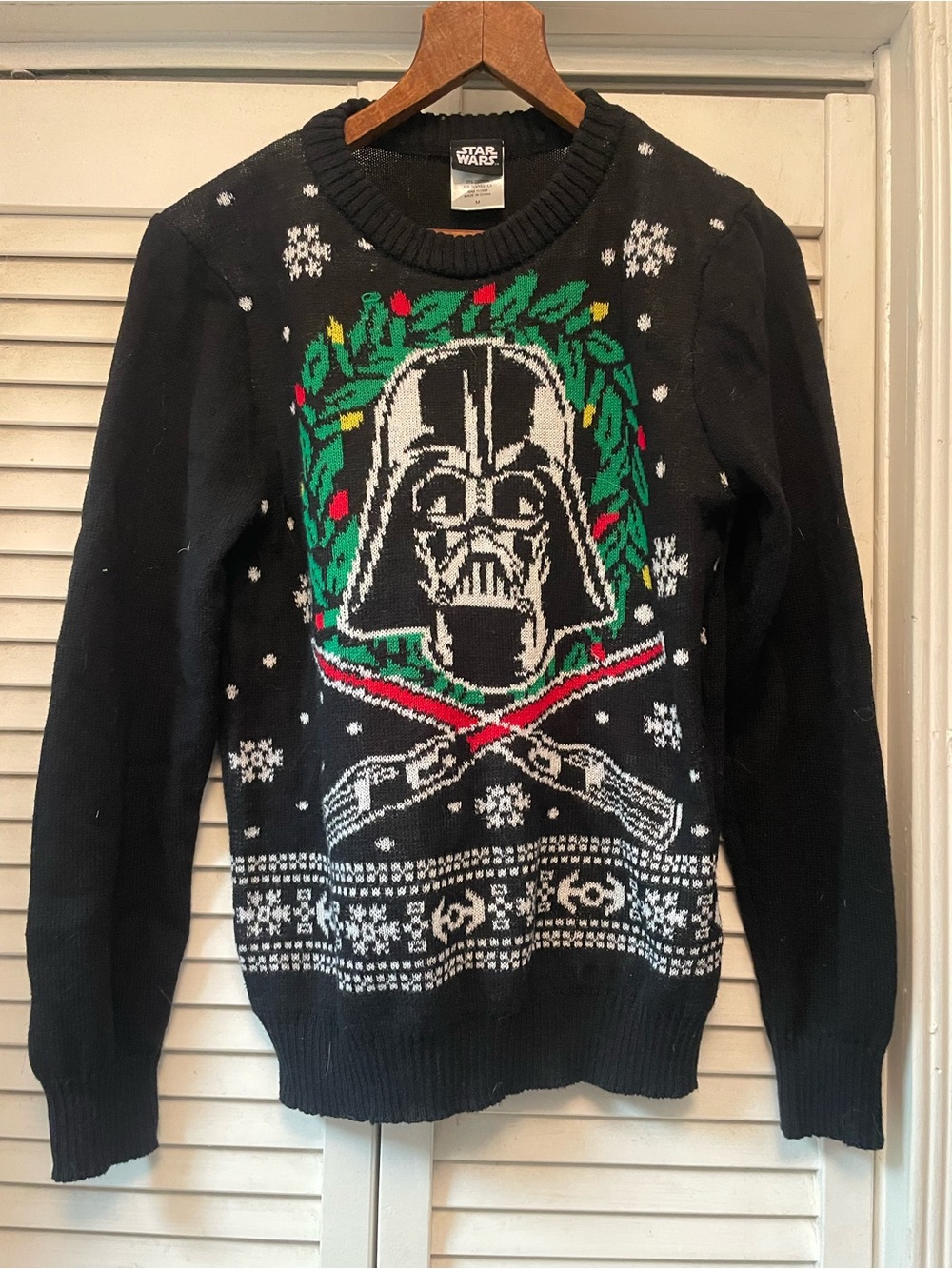 Star Wars Black Darth Vader Wreath Holiday Sweater with Red & Green Accents